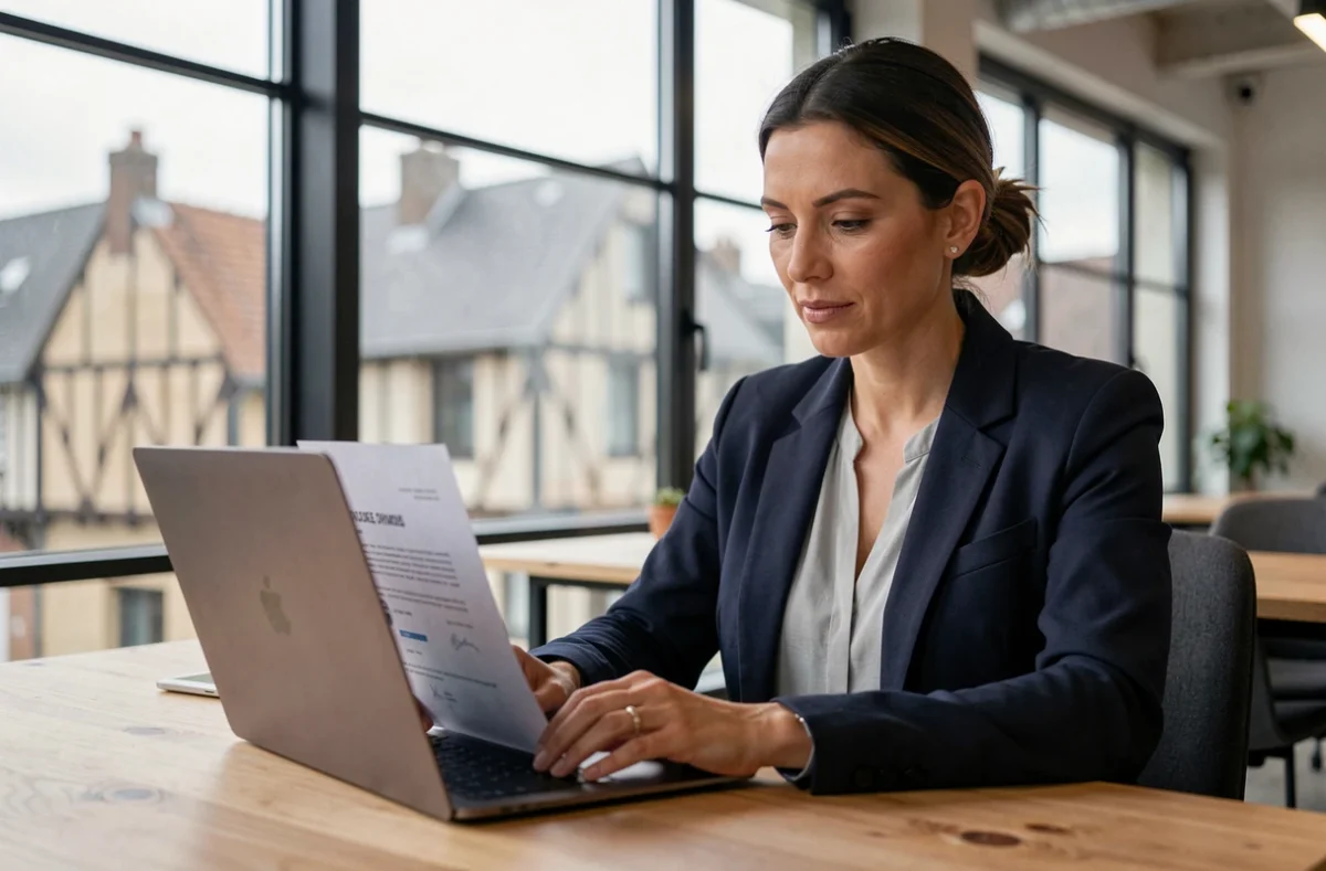 Femme freelance en portage salarial travaillant sur son contrat dans un espace de coworking à Rouen, Normandie