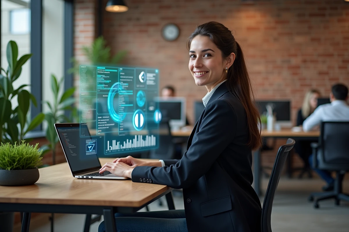 Femme utilisant une interface holographique dans un espace de travail créatif