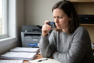 Femme inspectant une cartouche d'encre Brother à son bureau à domicile pour optimiser son budget impression