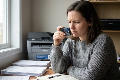 Femme inspectant une cartouche d'encre Brother à son bureau à domicile pour optimiser son budget impression
