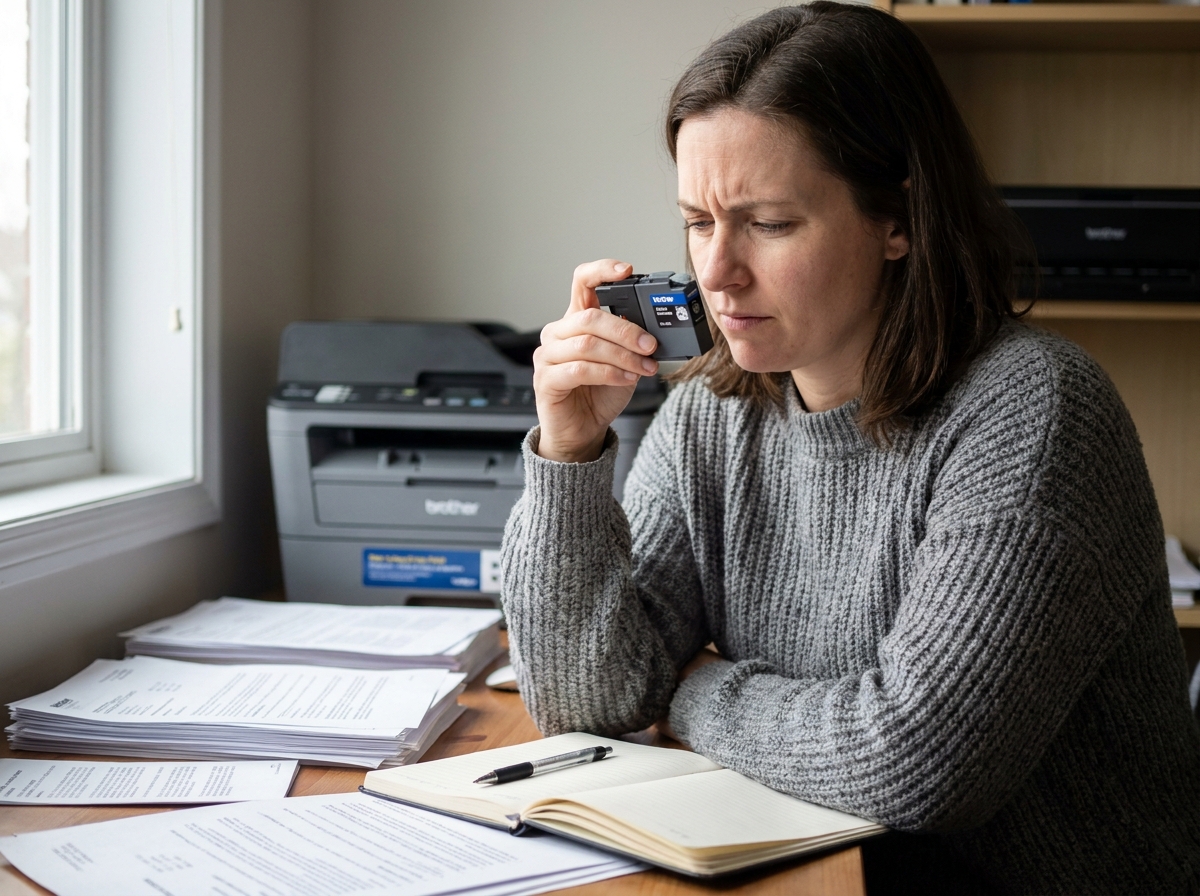 Femme inspectant une cartouche d'encre Brother à son bureau à domicile pour optimiser son budget impression