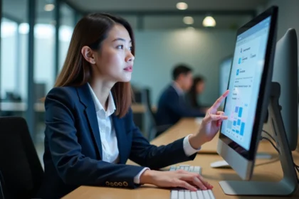 Jeune femme utilisant un intranet centralisé sur un ordinateur de bureau dans un open-space moderne