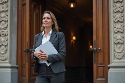 Femme confiante entrant dans un tribunal européen