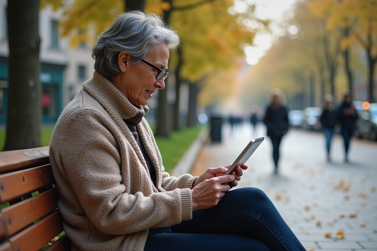 Femme lisant ses emails sur une tablette dans un parc