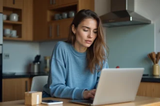 Femme utilisant son ordinateur pour suivre un colis à la maison