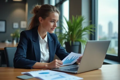 Jeune femme en blazer analysant des graphiques marketing