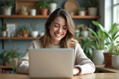 Femme souriante vérifiant son compte Urssaf à la maison