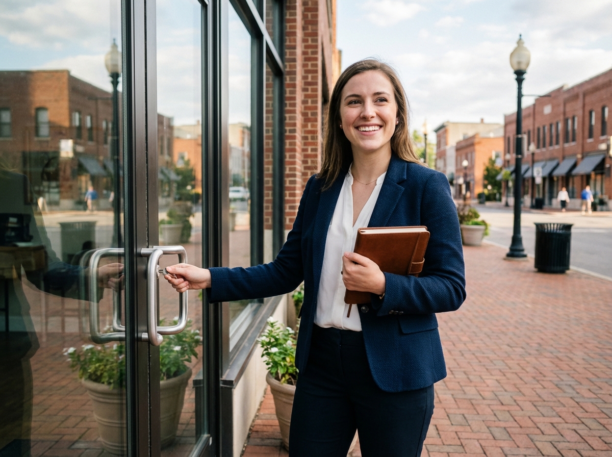 Jeune femme ouvrant porte d un local d entreprise