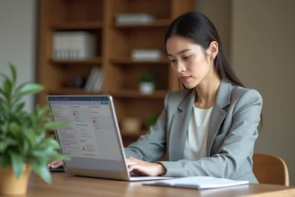 Femme professionnelle paramétrant des alertes emploi sur un site de recherche d'emploi depuis son bureau à domicile
