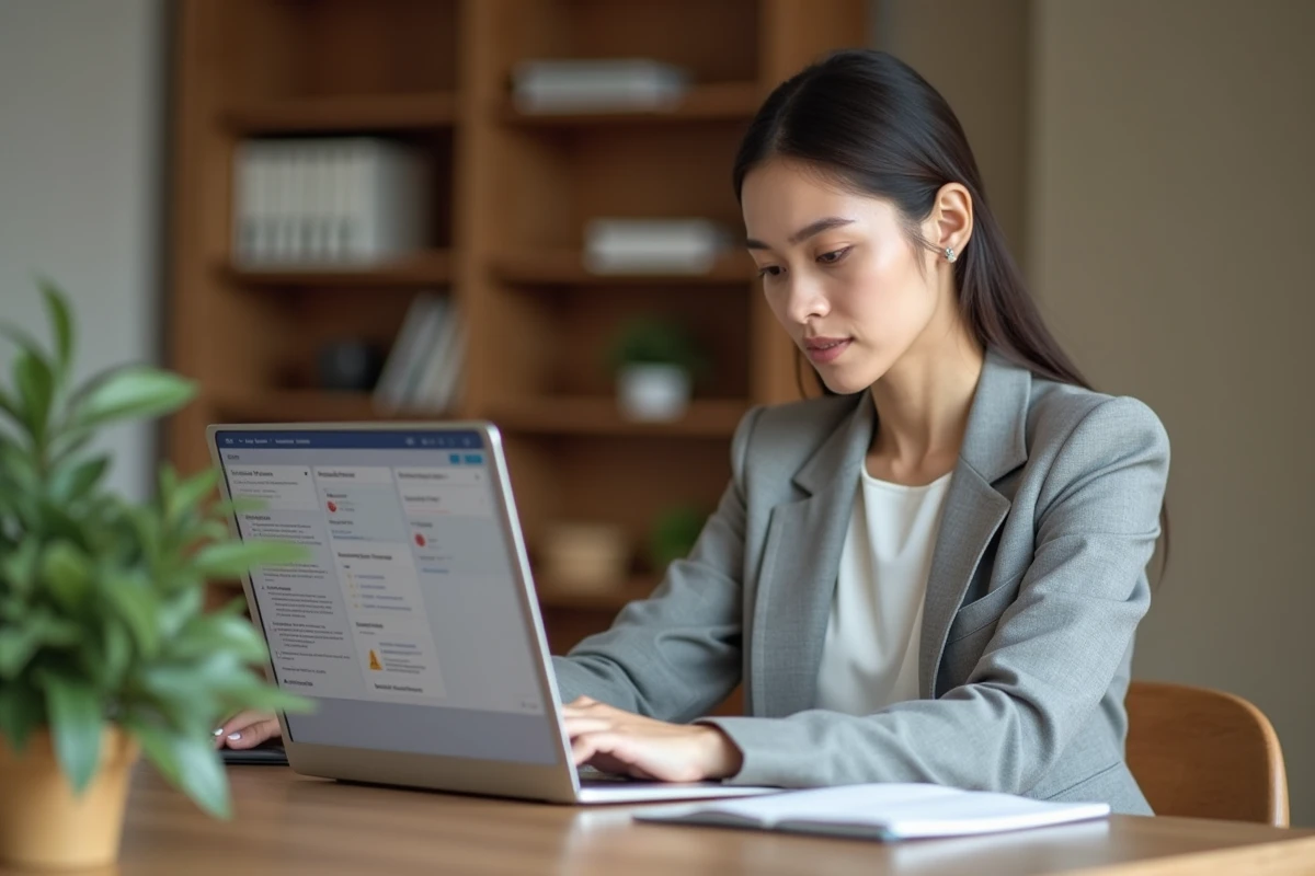 Femme professionnelle paramétrant des alertes emploi sur un site de recherche d'emploi depuis son bureau à domicile