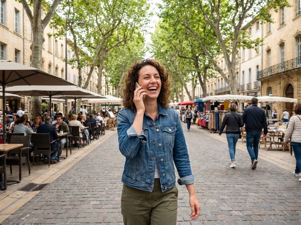 Jeune femme discutant au téléphone dans une rue animée dAixenProvence