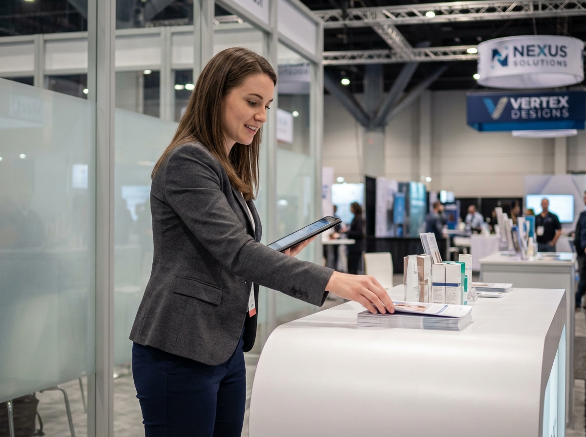 Jeune femme arrangeant des echantillons sur un stand d