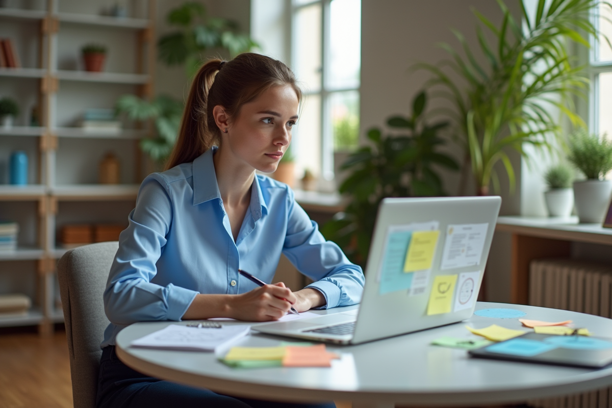 Jeune femme concentrée prenant des notes dans un bureau à domicile
