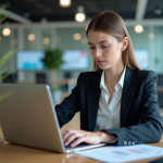 Jeune femme en blazer analysant des données au bureau