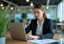 Jeune femme en blazer analysant des données au bureau