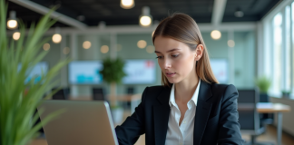 Jeune femme en blazer analysant des données au bureau