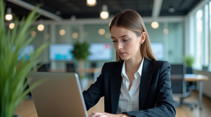 Jeune femme en blazer analysant des données au bureau