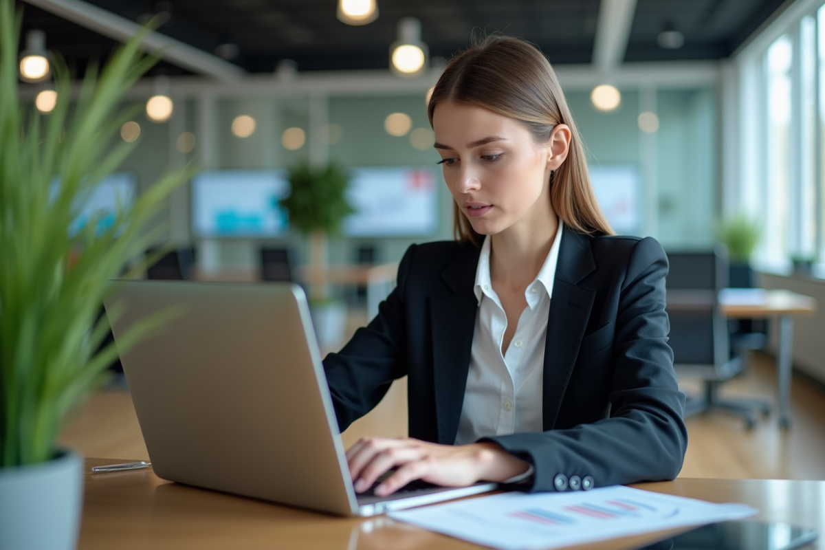 Jeune femme en blazer analysant des données au bureau