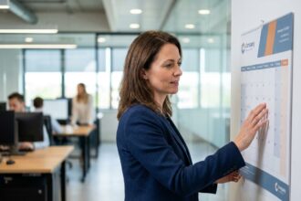 Femme professionnelle en blazer marine examinant un calendrier personnalisé avec logo d'entreprise dans un bureau moderne