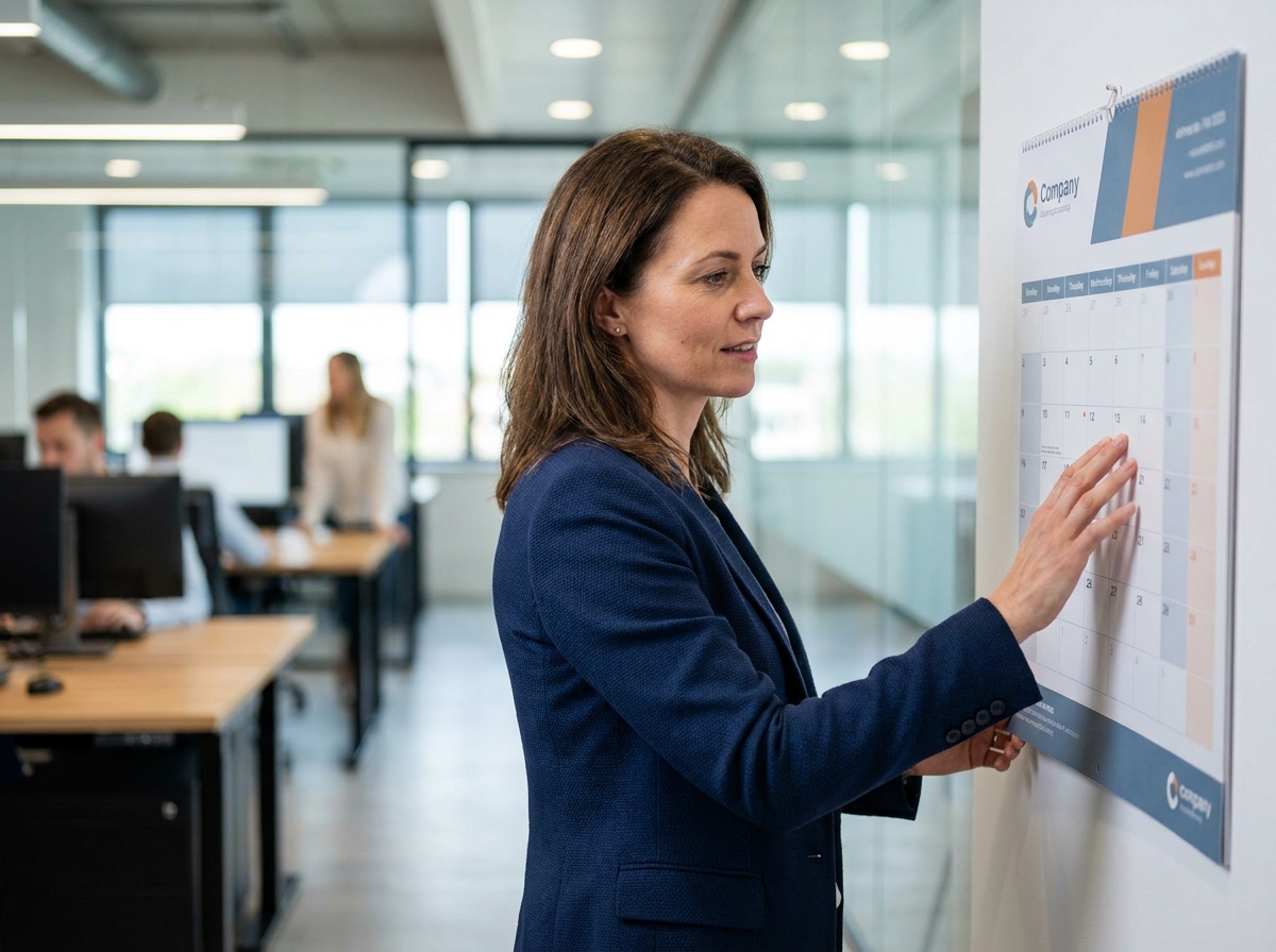 Femme professionnelle en blazer marine examinant un calendrier personnalisé avec logo d'entreprise dans un bureau moderne
