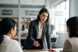 Femme professionnelle en réunion dans un centre de formation