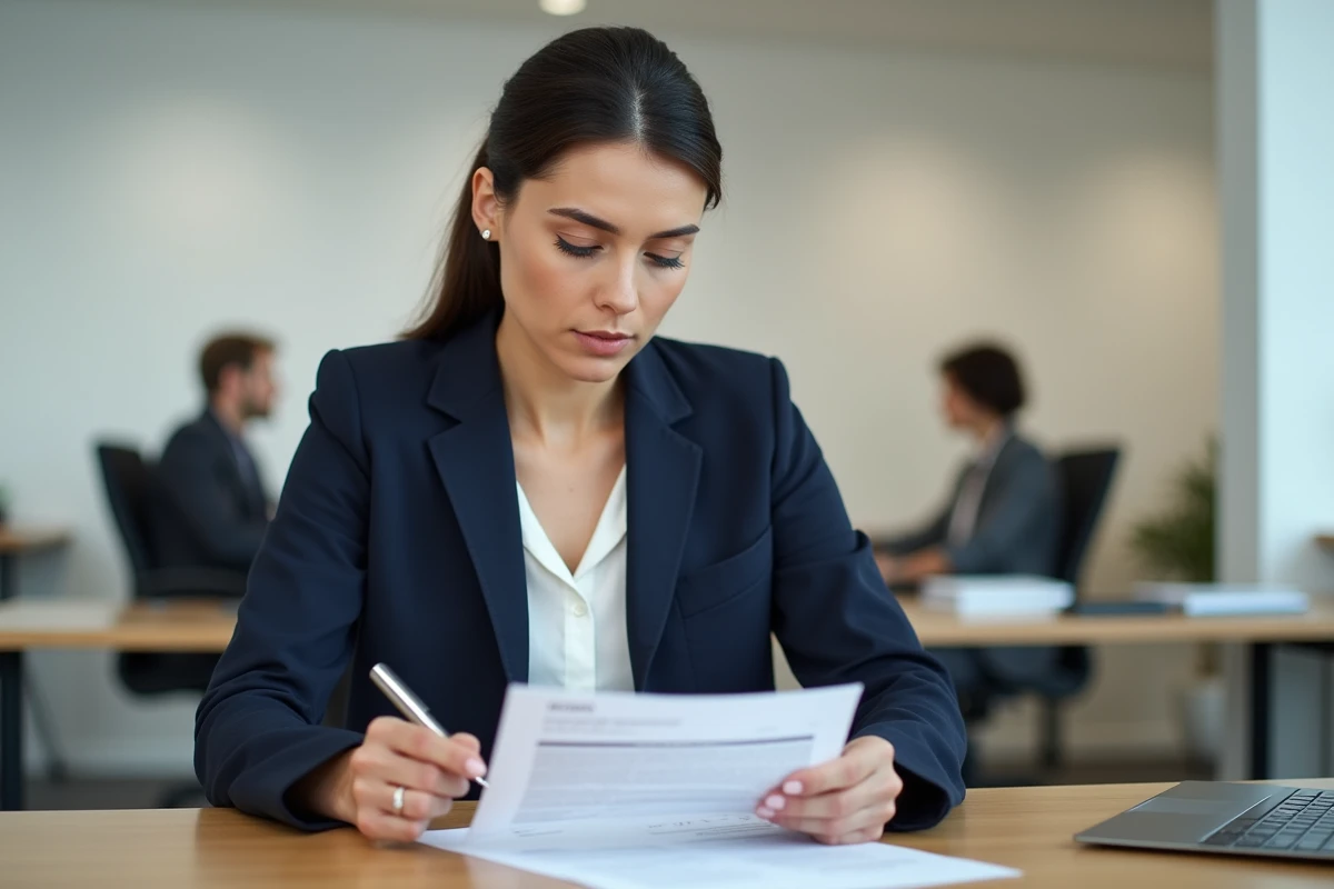 Femme professionnelle révisant une note de service imprimée à son bureau dans un open space moderne