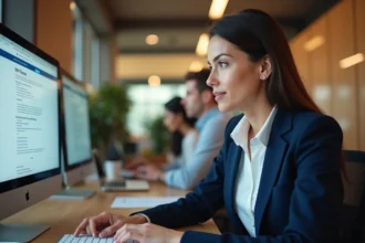 Femme professionnelle utilisant un portail RH en ligne sur son ordinateur de bureau dans un bureau moderne