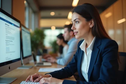 Femme professionnelle utilisant un portail RH en ligne sur son ordinateur de bureau dans un bureau moderne