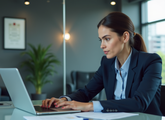 Femme professionnelle analysant un rapport de reputation