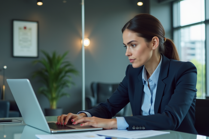 Femme professionnelle analysant un rapport de reputation