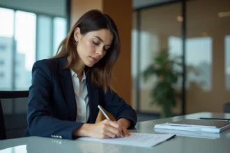 Femme en costume navy écrivant une lettre de démission