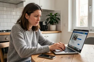 Femme cherchant le numéro de téléphone du SAV Backmarket sur son ordinateur portable