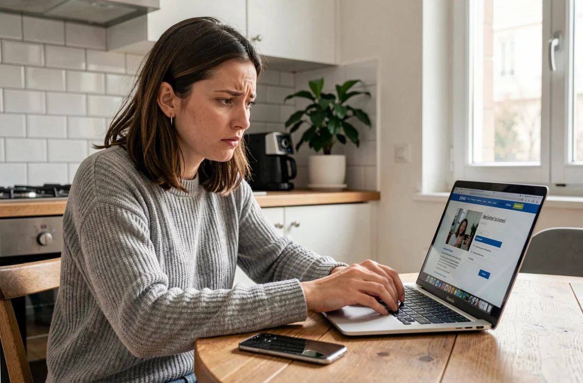 Femme cherchant le numéro de téléphone du SAV Backmarket sur son ordinateur portable
