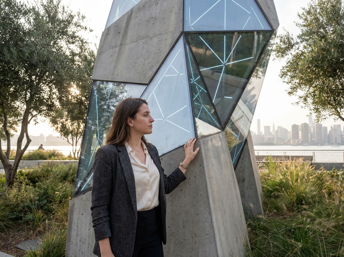 Femme regardant une sculpture digitale dans un environnement urbain