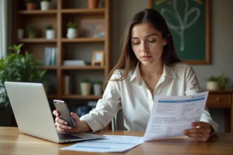 Jeune femme examine un relevé bancaire à la maison