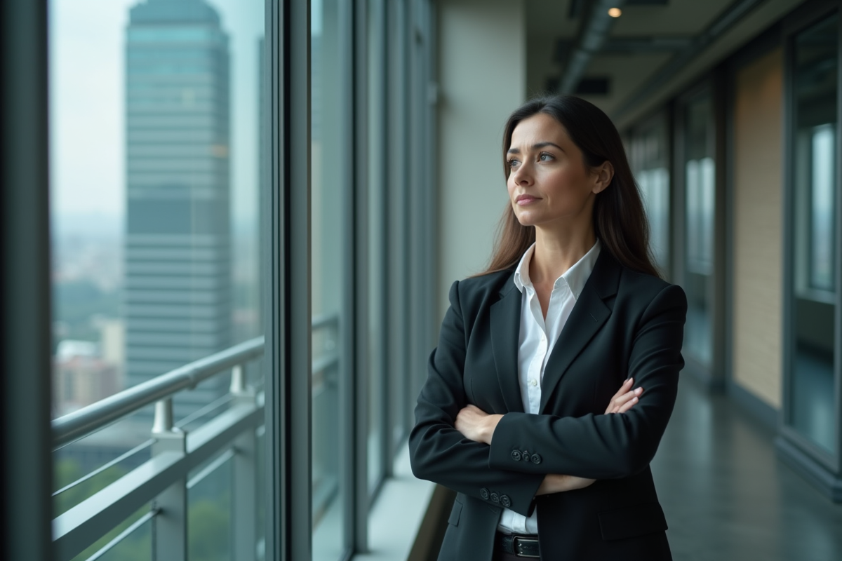 Femme d affaires regardant par la fenetre en solo