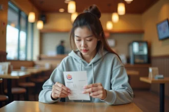 Jeune femme tenant un ticket de caisse Burger King et l'examinant attentivement dans un restaurant