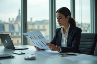 Femme d'affaires analysant des données dans un bureau parisien
