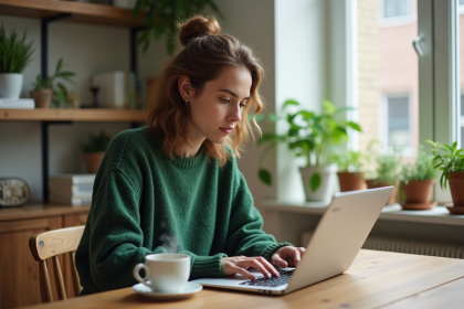 Femme travaillant sur son ordinateur dans un intérieur cosy
