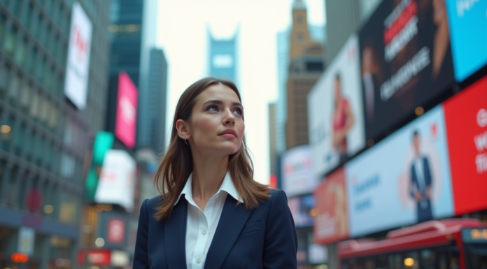 Jeune femme en blazer dans une ville animée