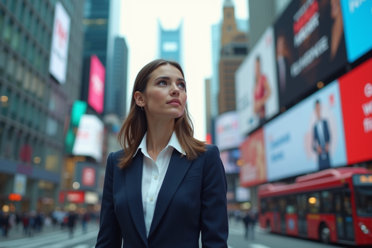 Jeune femme en blazer dans une ville animée