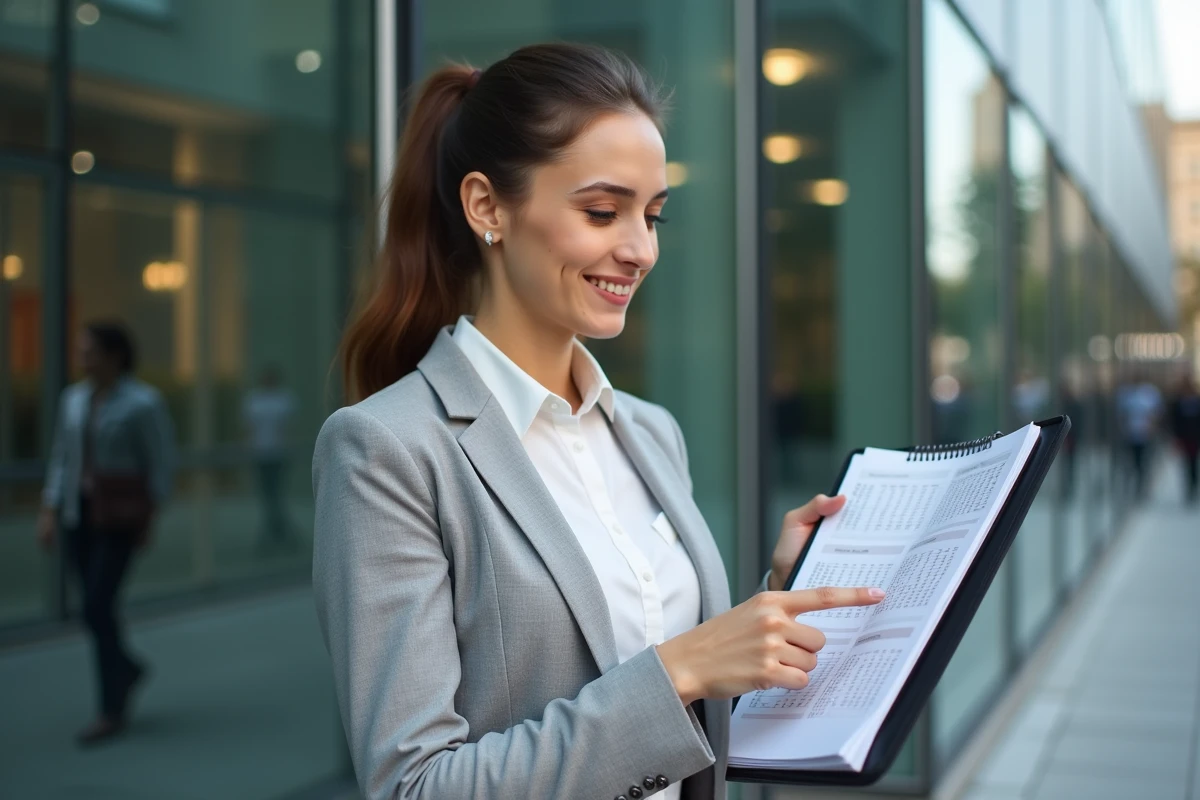 Jeune femme professionnelle tenant un planner en ville