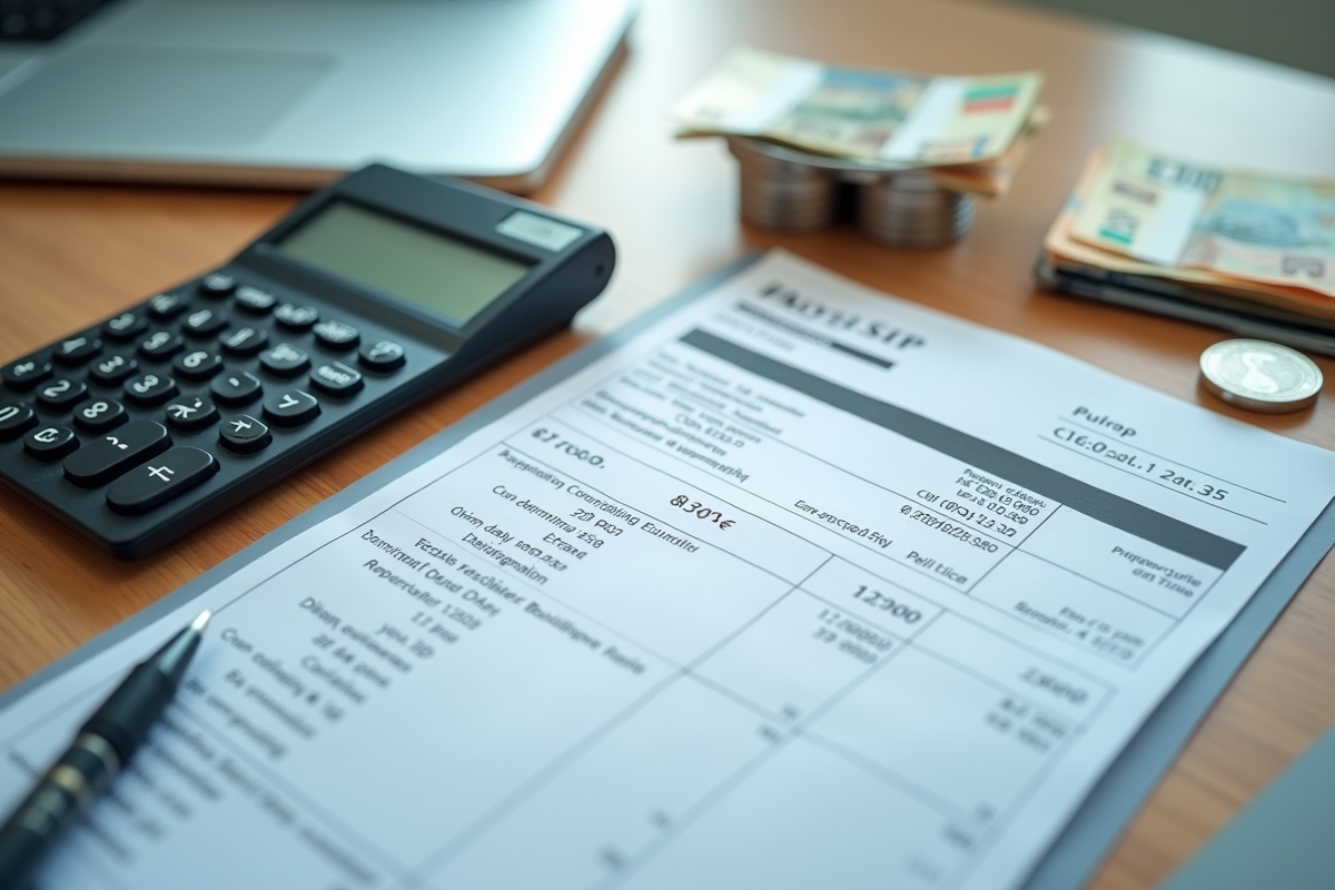 Fiche de paie et calculatrice avec pièces et billets euros