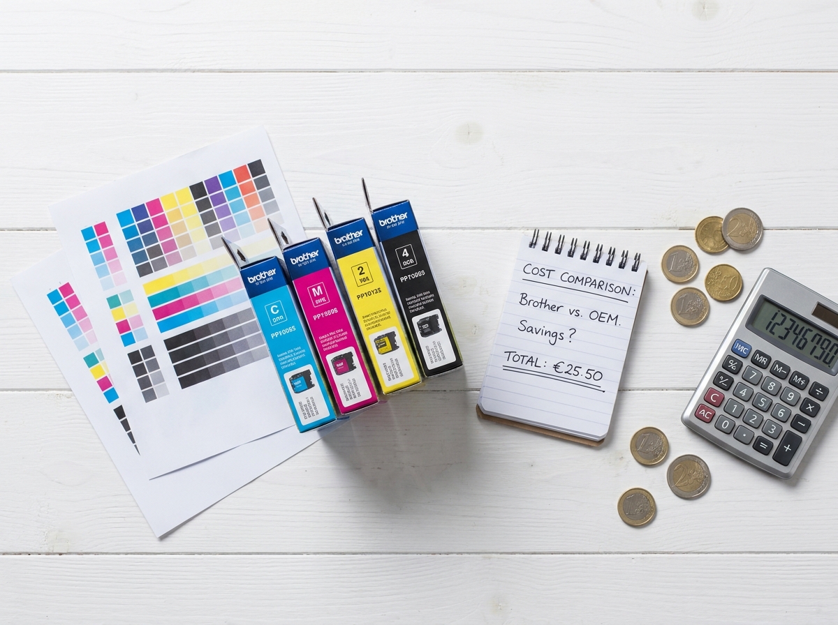 Vue de dessus de cartouches d'encre Brother avec notes de calcul budget et pièces de monnaie sur bureau blanc