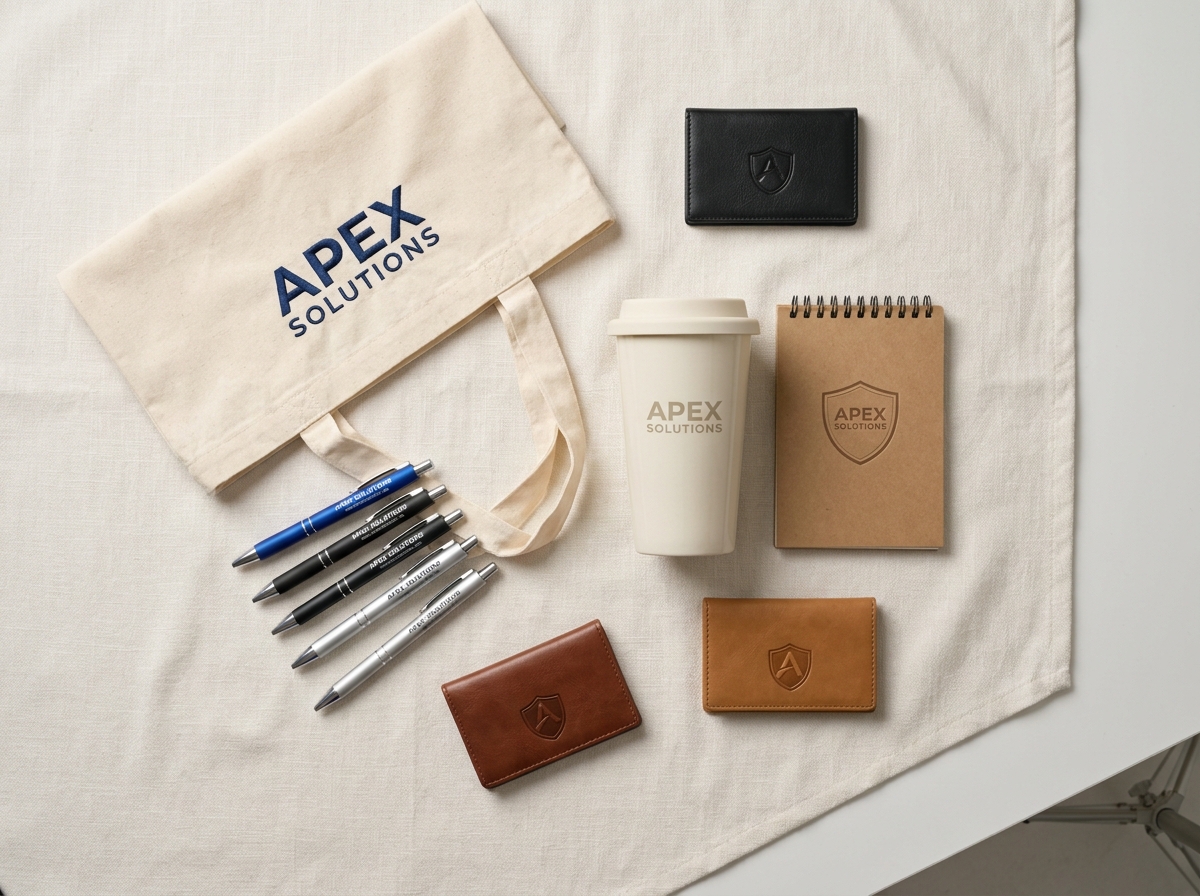 Flat-lay de goodies et objets publicitaires personnalisés avec logo sur fond blanc épuré