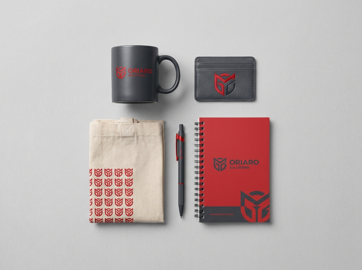 Flat lay d'objets promotionnels corporate assortis sur fond gris : mug, carnet, stylo, tote bag et porte-cartes avec logo d'entreprise rouge et anthracite