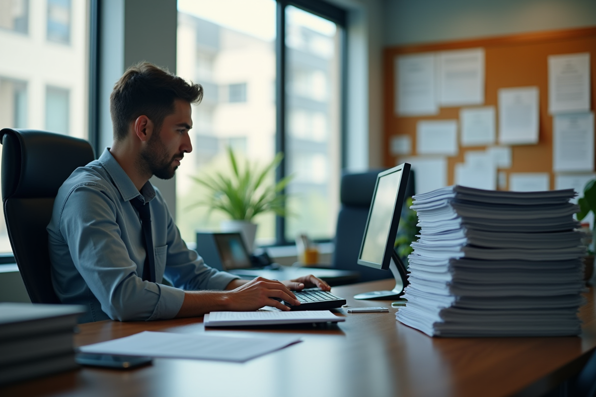 Fonctionnaire tapant sur ordinateur avec papiers et notes à proximité