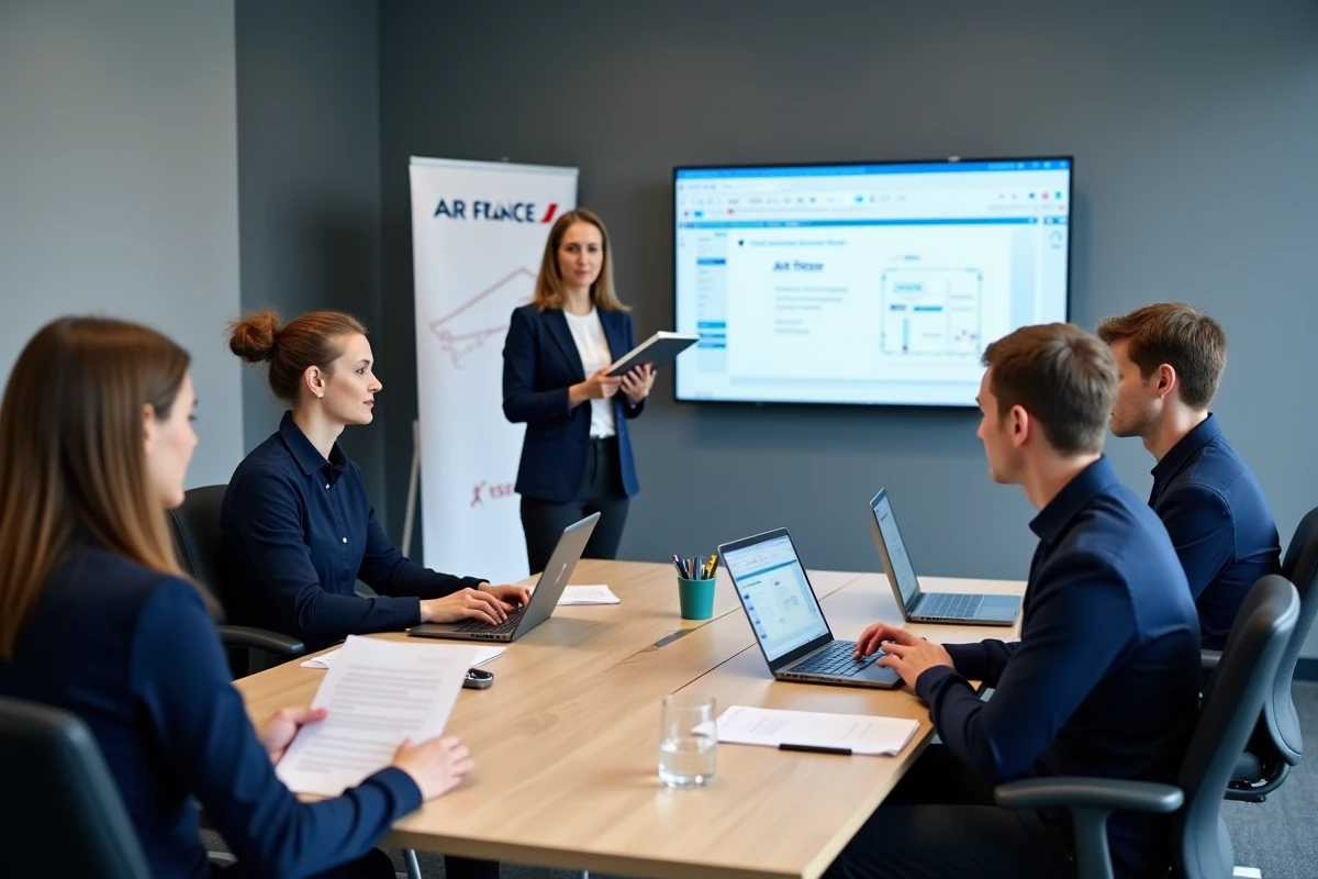Session de formation GPNet AF pour nouveaux employés Air France animée par un responsable RH dans une salle de réunion d'entreprise