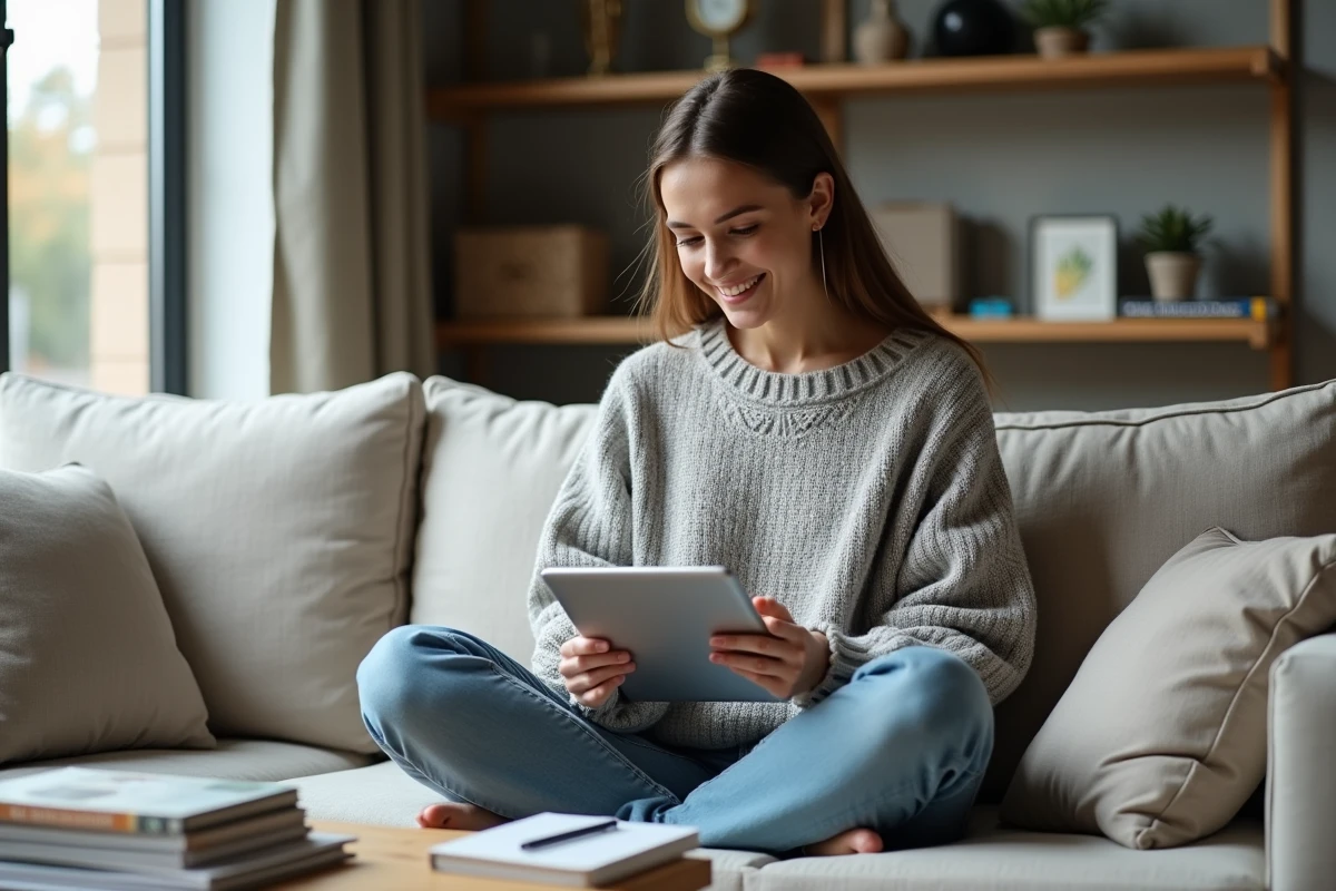 Jeune freelance féminine consultant une application de facturation sur tablette depuis son canapé