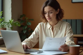 Freelance femme révisant une facture sur son bureau en bois dans un espace de travail à domicile moderne